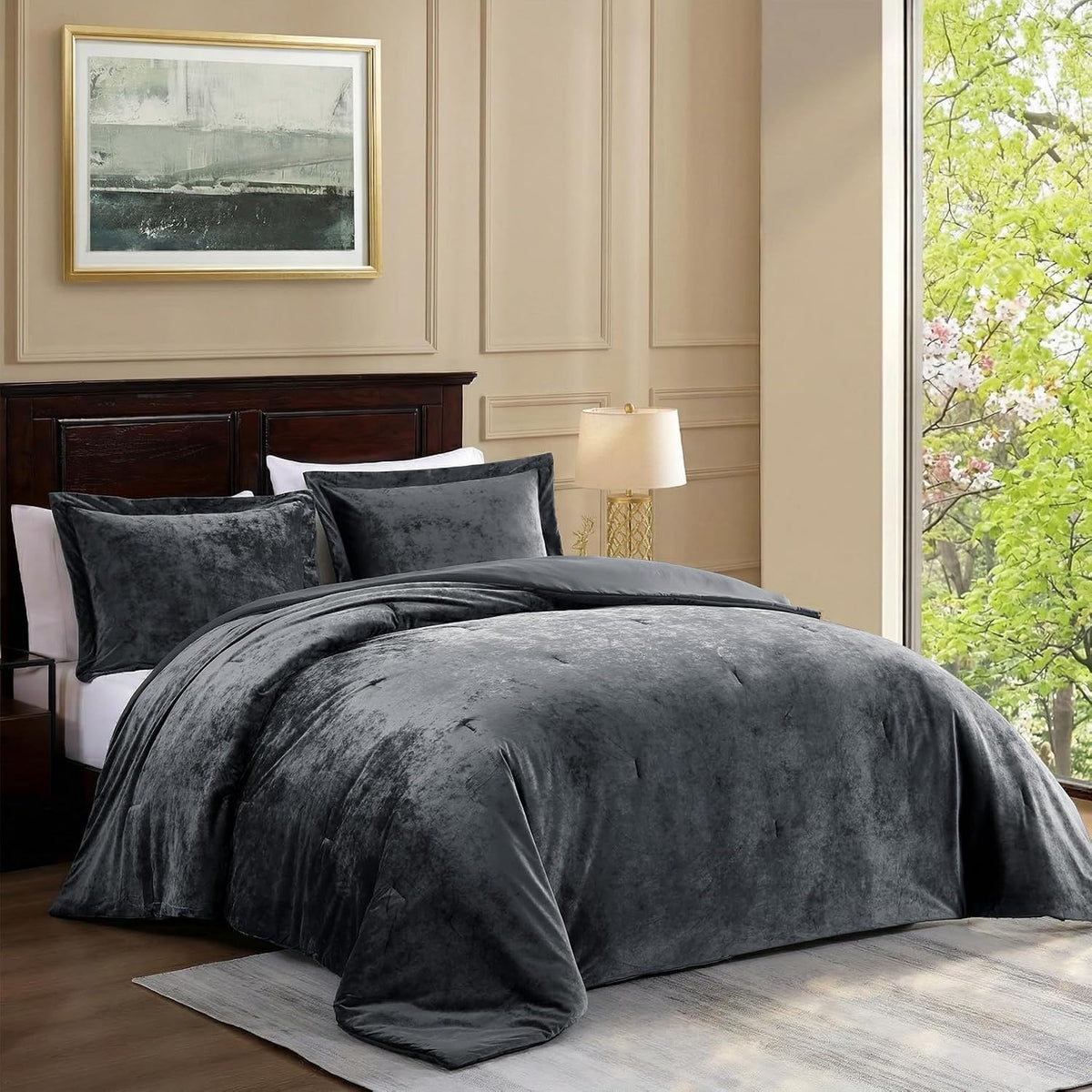 Velvet Queen Comforter Set, Luxuriously Soft Comforter Queen Size, Lightweight Bedding Set for All Seasons, Comforter (92"X96") with 2 Matching Shams (20"X26"), Grey