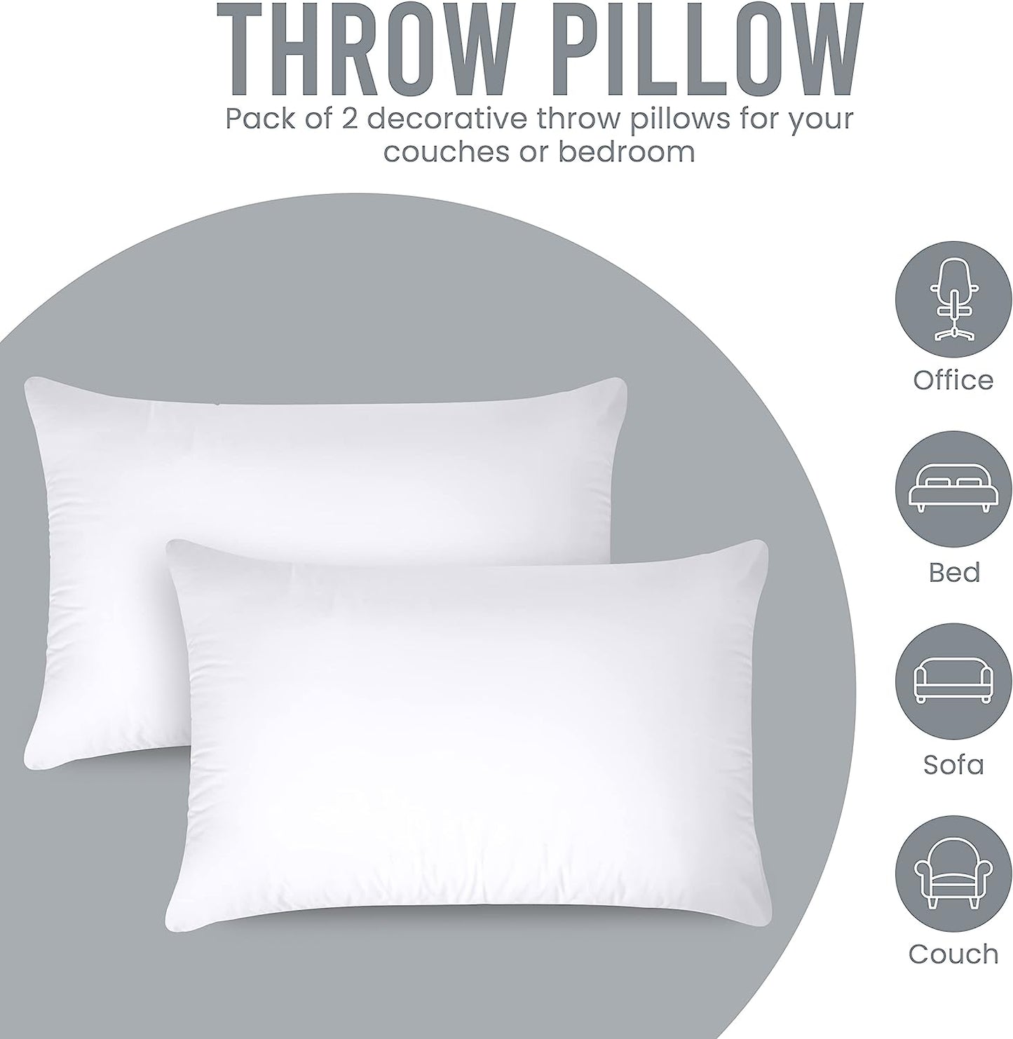 Throw Pillows Insert (Pack of 2, White) - 12 X 20 Inches Bed and Couch Pillows - Indoor Decorative Pillows