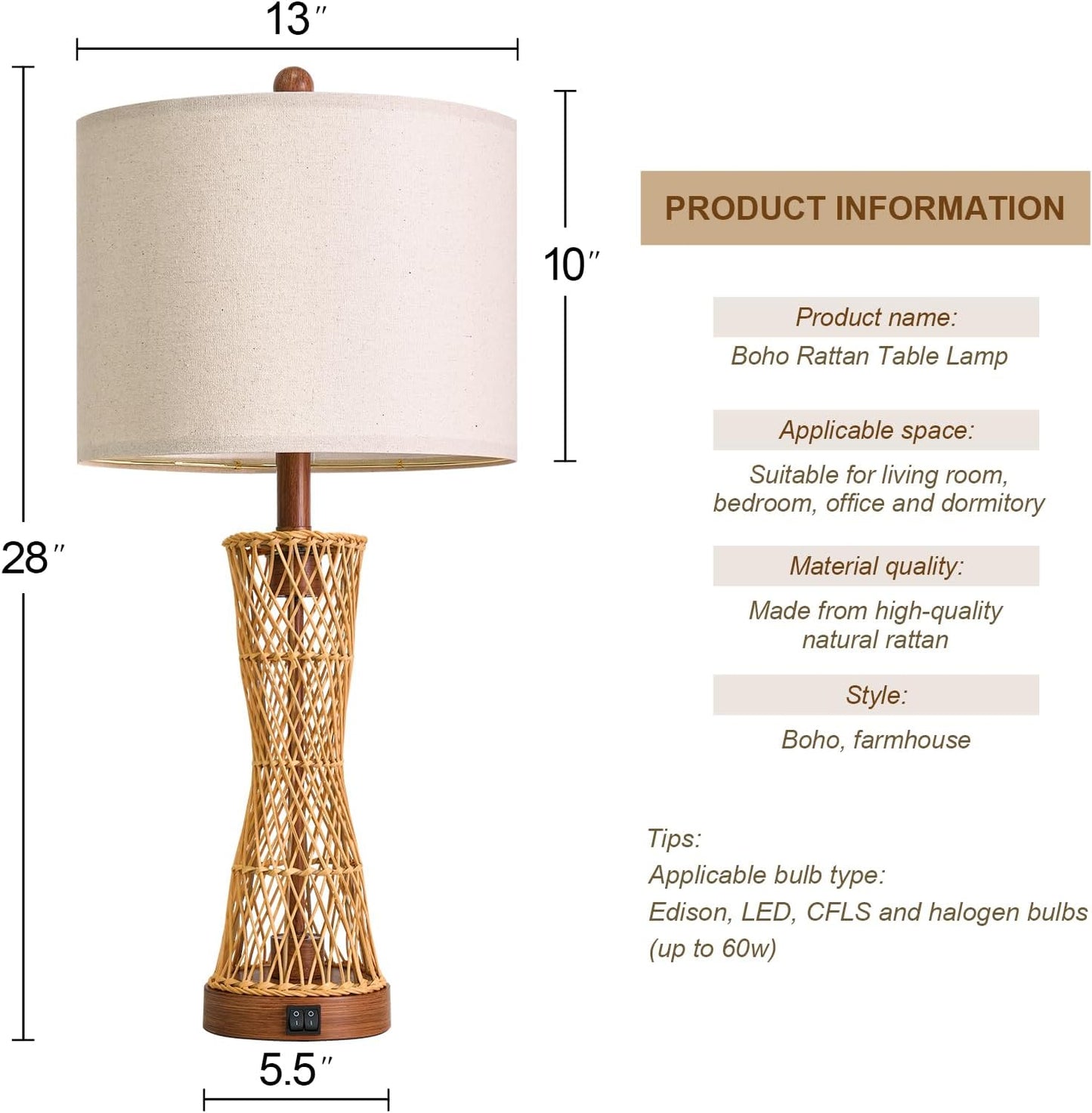27" Table Lamps Set of 2 with Rattan & Dual Lights, Boho Lamps for Nightstands, Bedside Lamps for Bedroom, Nightstand Lamp for Living Room, Farmhouse Table Lamp for Office & Study