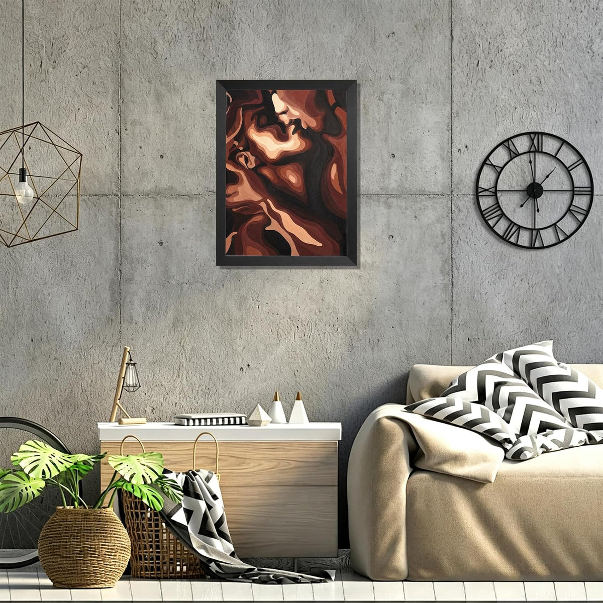 Abstract Swirling Face Wall Art, Expressive Brown & Beige Oil Painting Print, Modern Emotional Decor for Living Room or Office, Black Pine Frame with Adhesive Strips Included