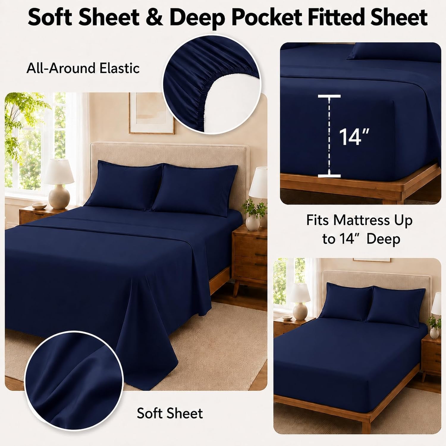 King Size Comforter Set Navy Blue, 7 Pieces Bed in a Bag Bedding