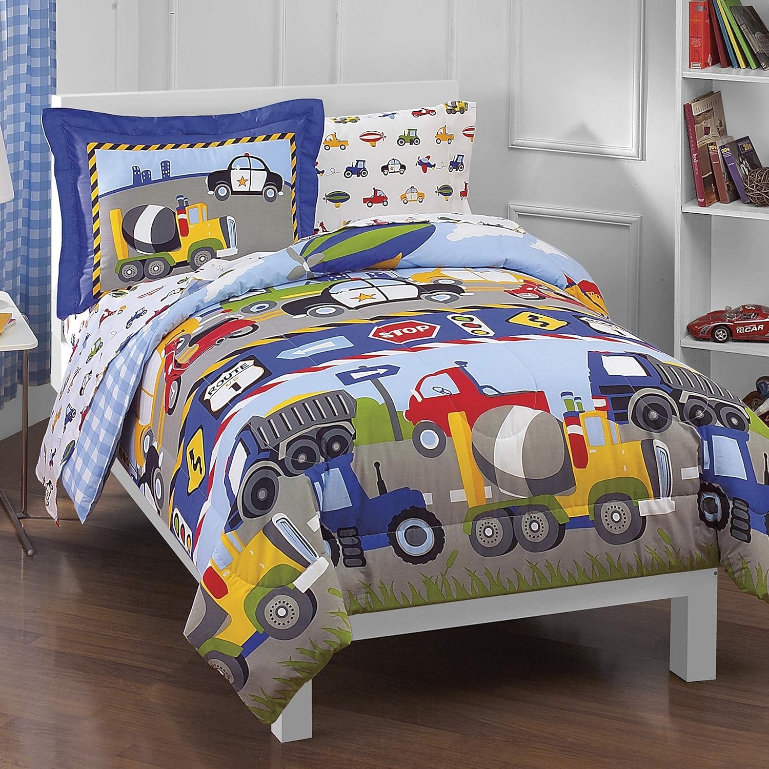 Trucks Tractors Cars Boys 5-Piece Bedding Kids Construction Comforter Sheet Set, Twin Blue Red Multi