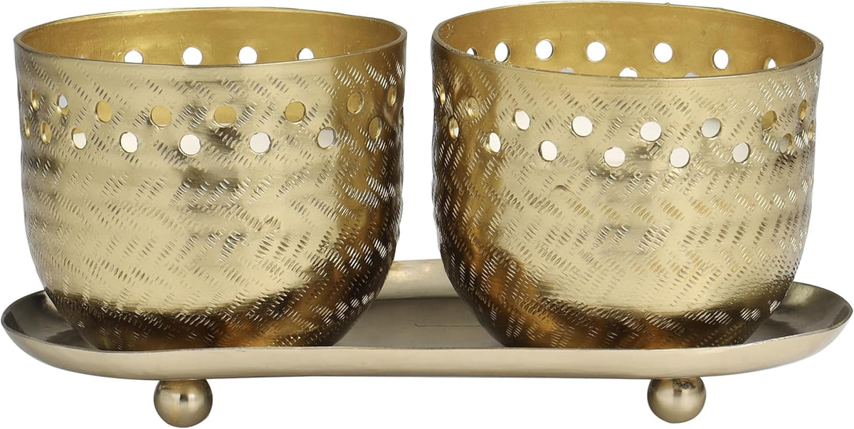 Deco 79 Metal Candle Egyptian Mint Scented Cutout Spotted 7 Oz 1 Wick with White Wax, Set of 2 8" W, 4" H, Gold