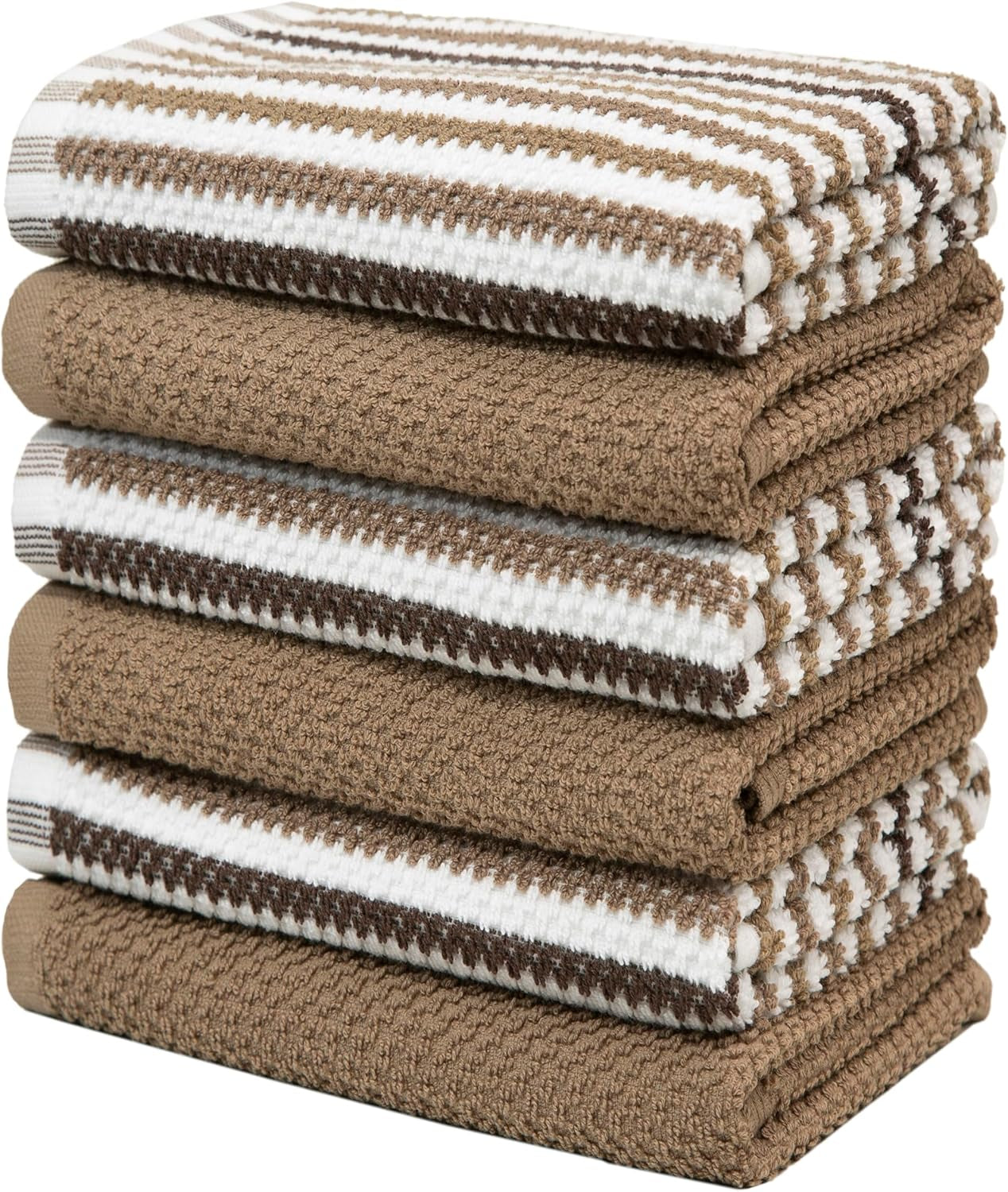 Premium Kitchen Towels (16”X 26”, 6 Pack) Large Cotton Kitchen Hand Towels, Popcorn Striped Design,Tan