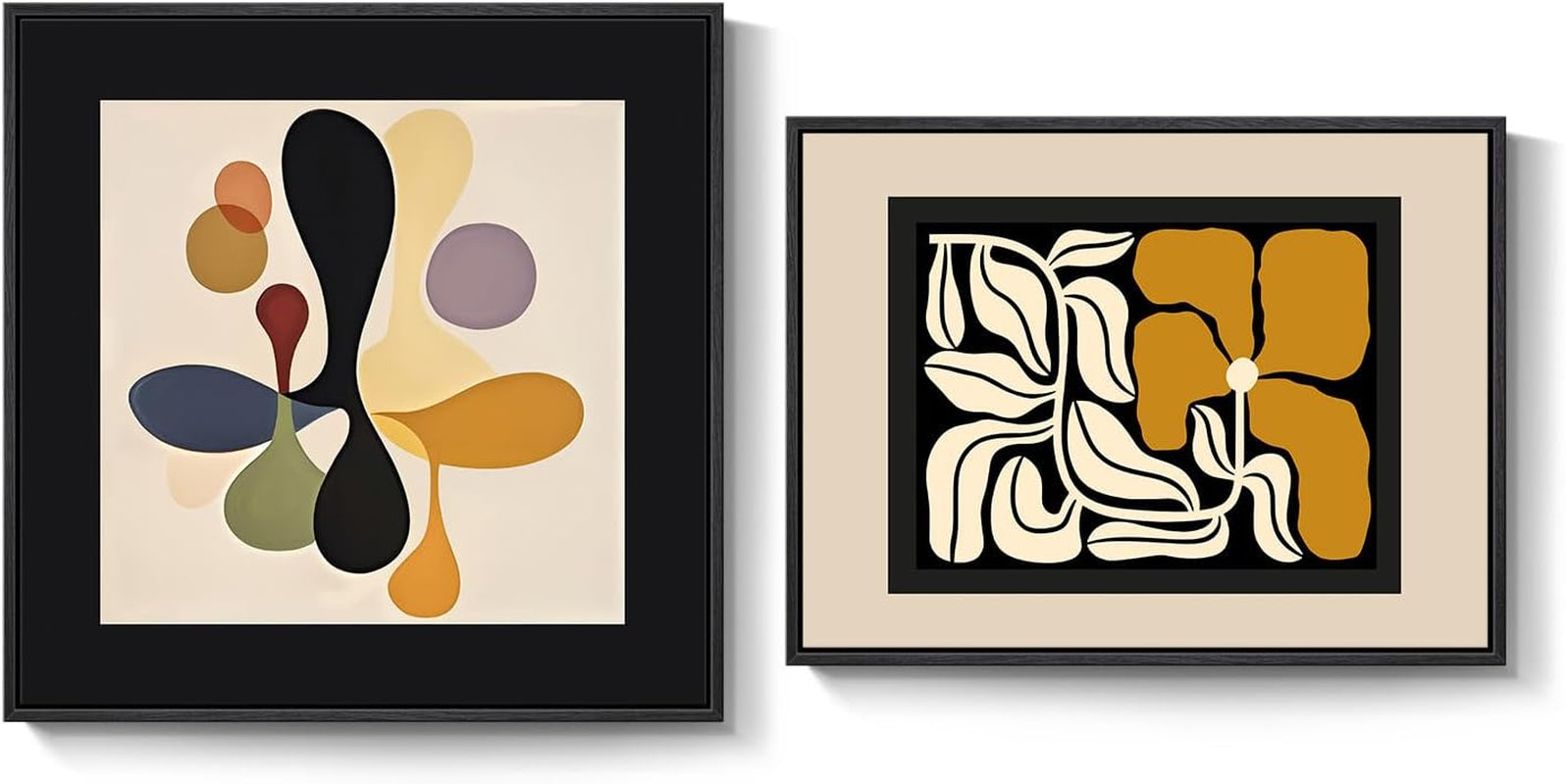 Framed Abstract Neutral Boho Wall Art Set of 2 for Living Room, Mid Century Modern Floral Print Canvas Artwork for Walls, 24X24 & 24X18 Inch