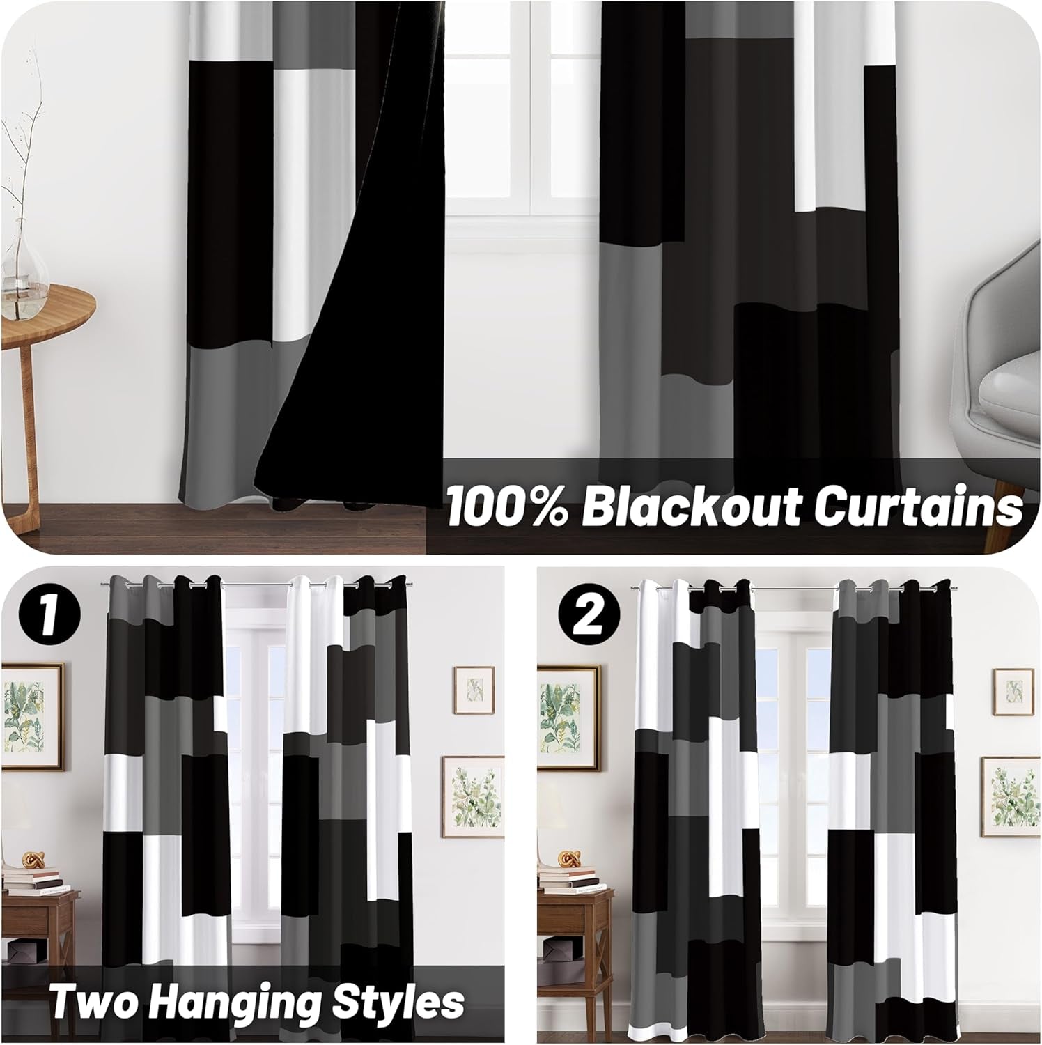 Black White Grey Blackout Curtains for Bedroom Living Room 84 Inch