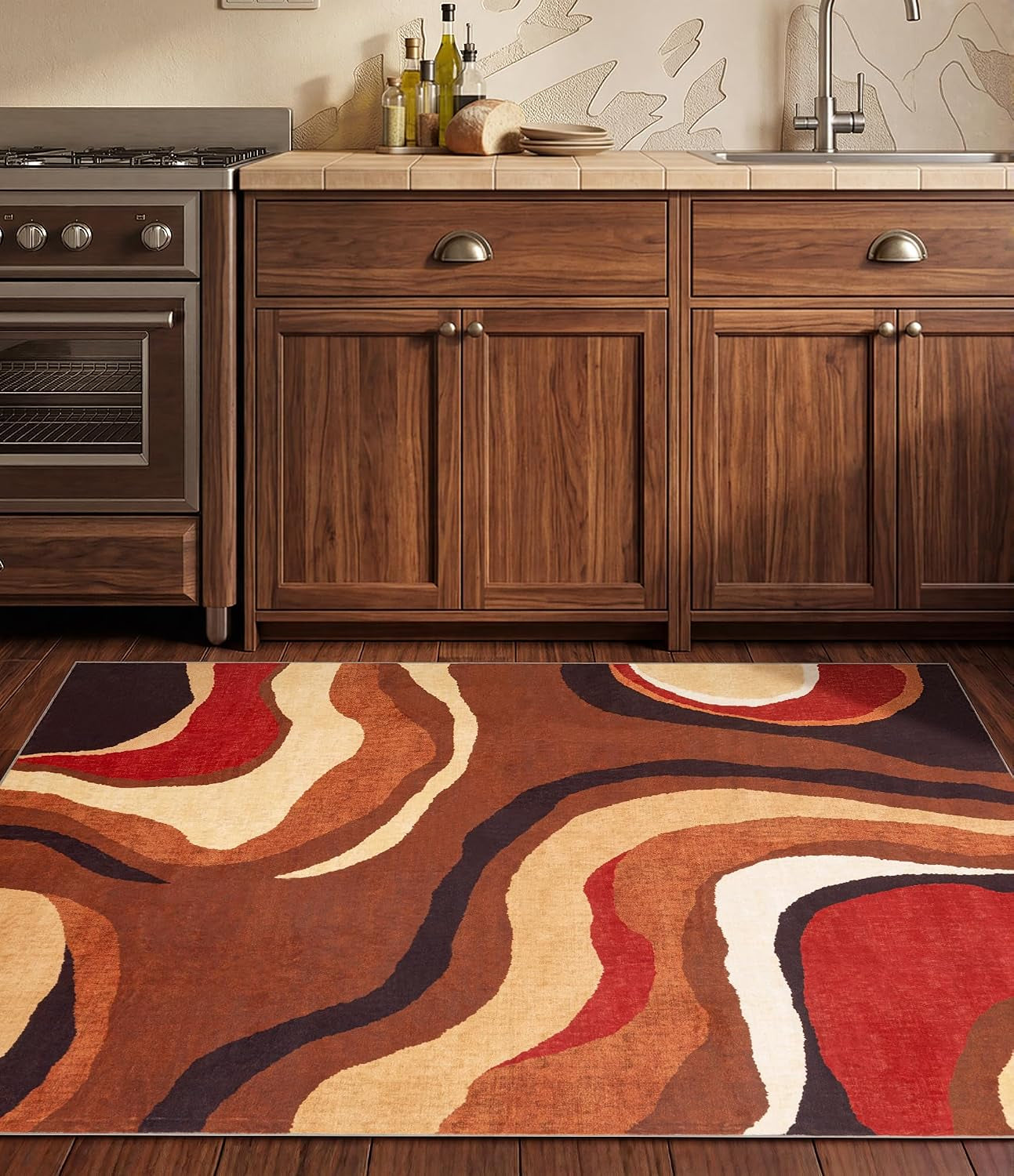 Farmhouse Brown Retro Burnt Orange Area Rug 3X5 Washable, Unique Colorful Rug 