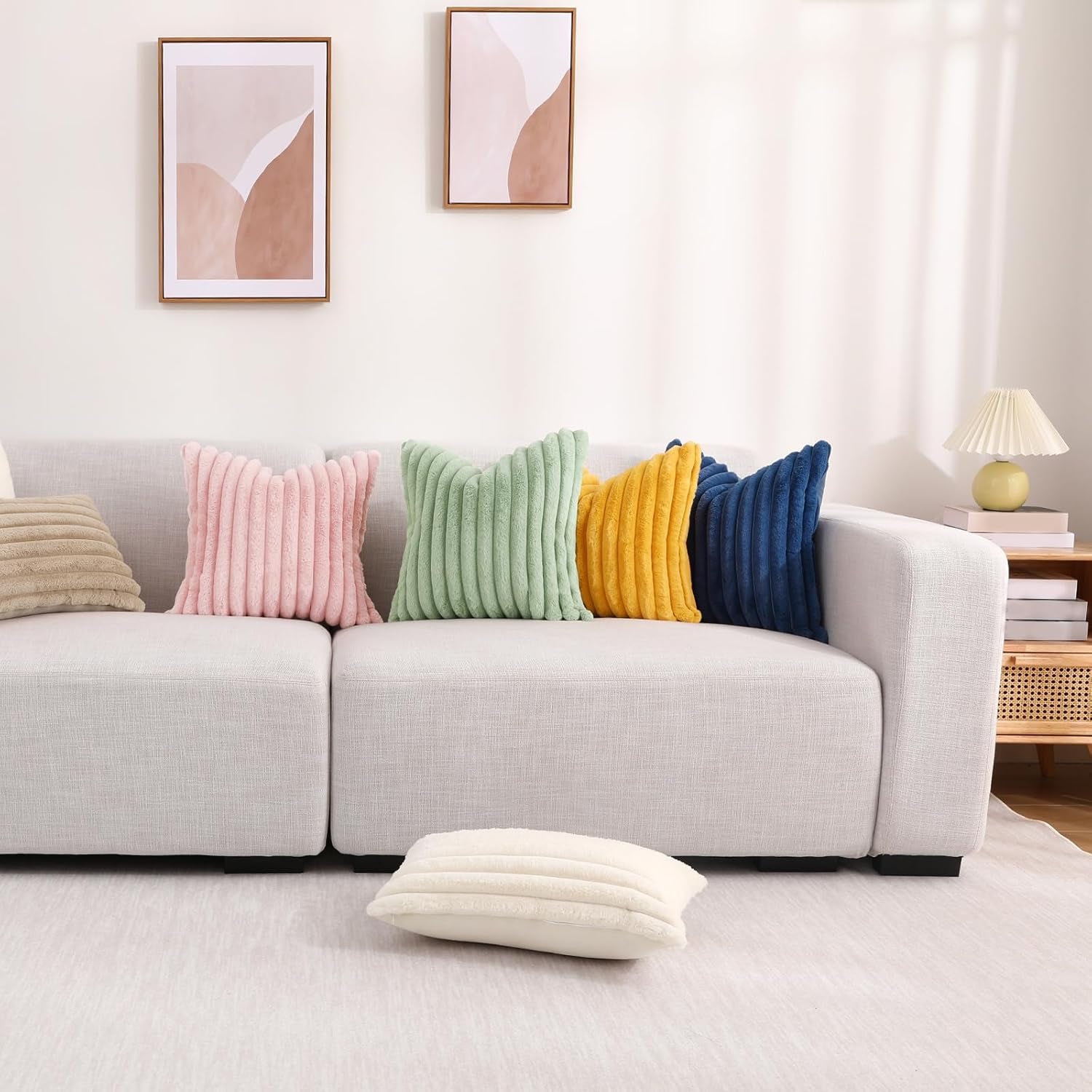 Faux Fur Throw Pillow Covers 18X18 Set of 2, Decorative Soft Plush Striped, Mustard Yellow