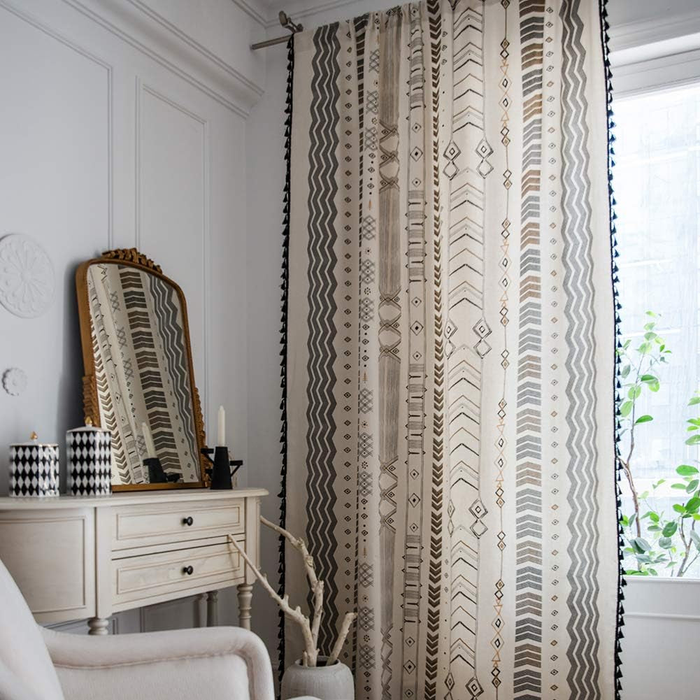 Boho Curtains 2 Panels Aztec Western Semi-Blackout Patterned Rod Pocket Window Treatment Decorative Drapes with Black Tassels for Living Bedroom Closet 63 Inch Length