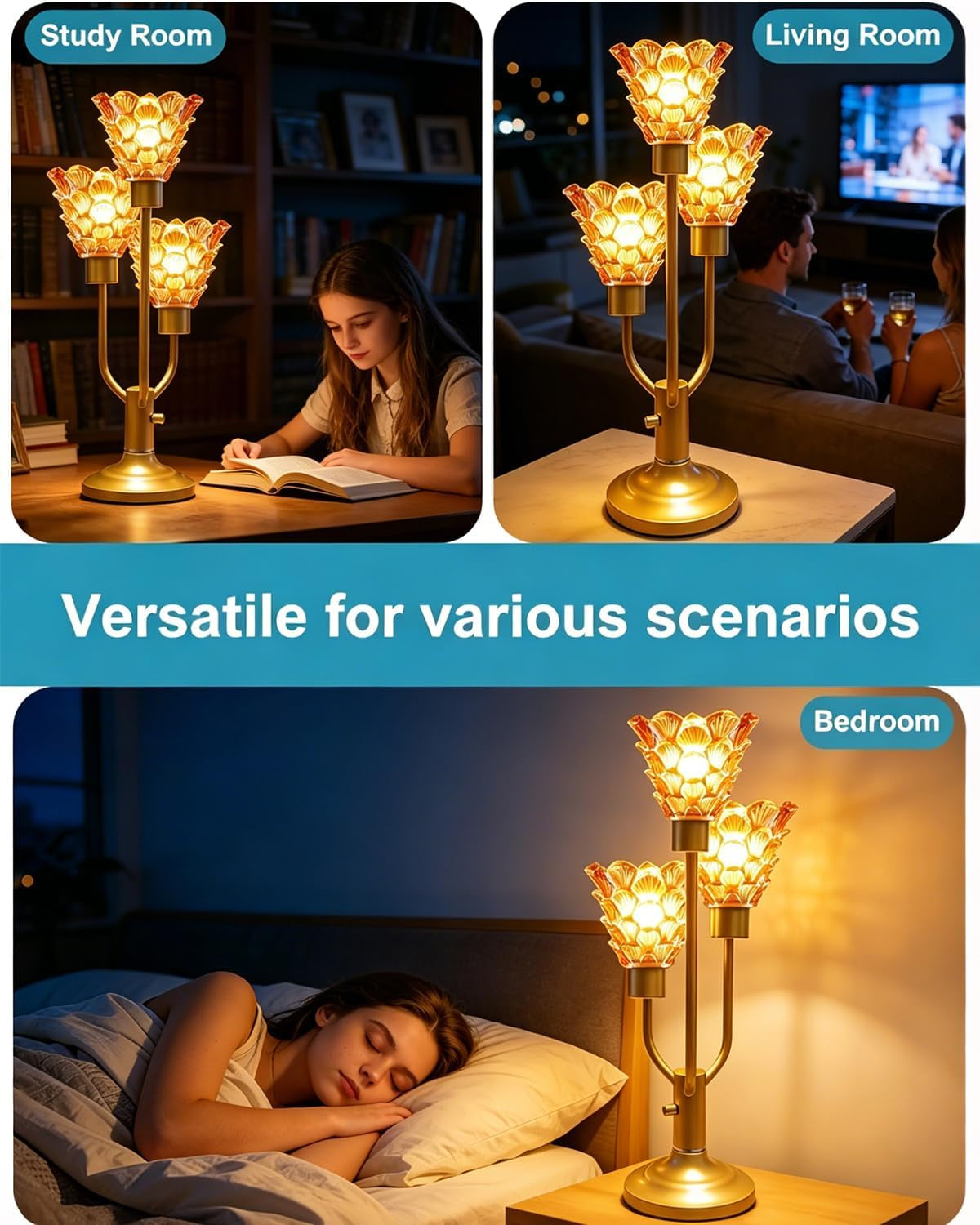  Modern Gold Glass Table Lamp Dimmable 3 Bulbs Included, Nightstand Lamp Vintage, with Amber Glass Warm white 