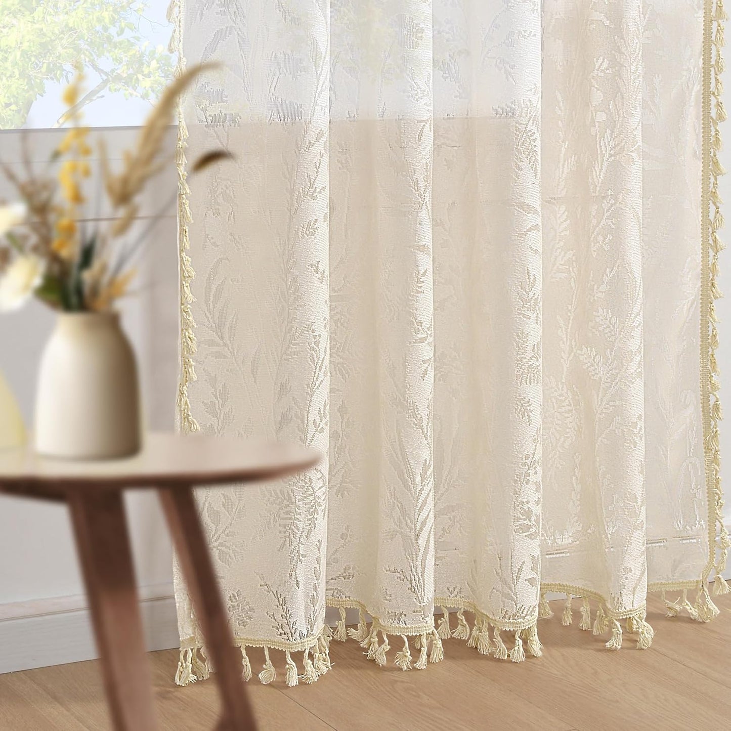 Boho Lace Curtains 84 Inch Length 2 Panels Beige Sheer Floral Leaf with Tassels, Semi Blackout Privacy Curtains 52"X84"