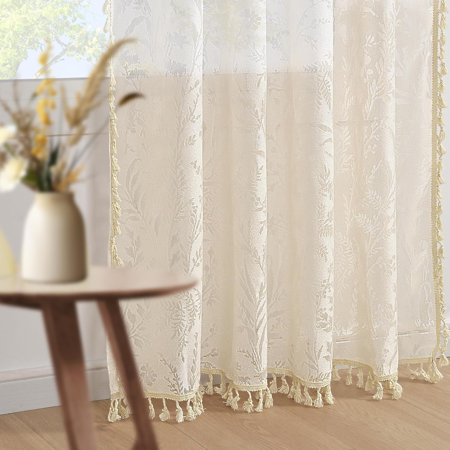 Boho Lace Curtains 84 Inch Length 2 Panels Beige Sheer Floral Leaf with Tassels, Semi Blackout Privacy Curtains 52"X84"