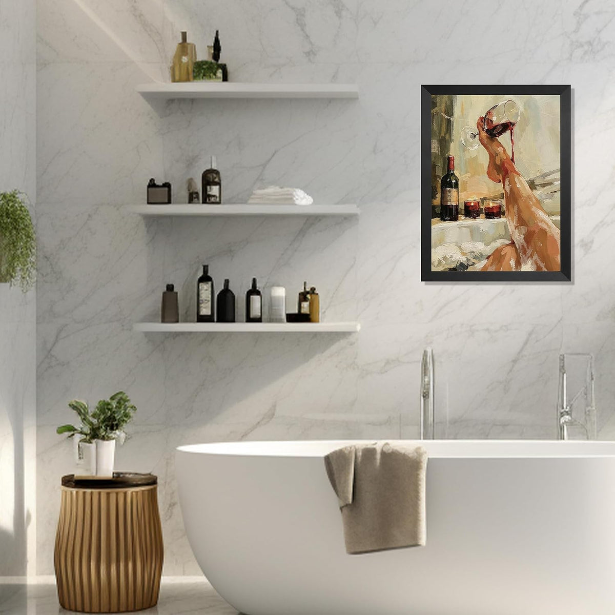 Luxury Bathtub Scene with Wine Glass Wall Art, Elegant Legs & Candlelight Print, Romantic Spa Decor for Master Bath or Bedroom, Black Pine Frame with Adhesive Strips Included