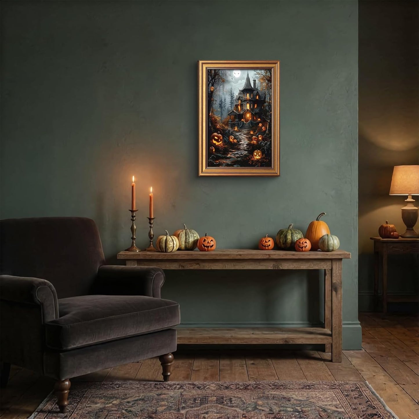 Gold Framed Gothic Halloween Wall Art Fantasy Haunted House Prints 12X16 in 