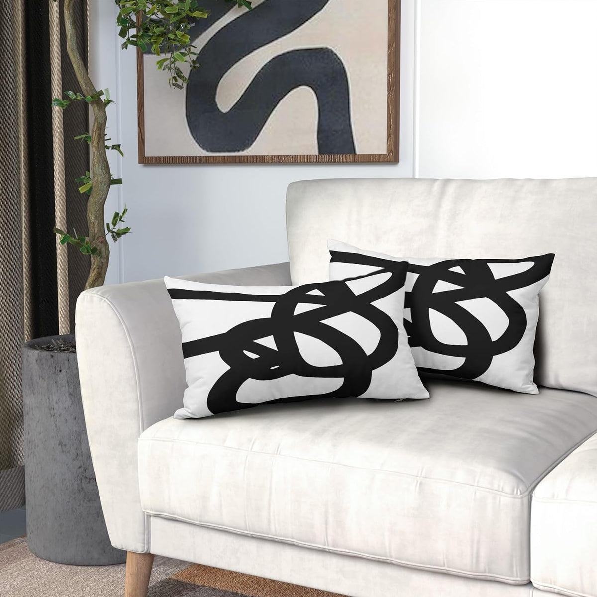 Black and White Lumbar Pillow Covers 12X20 Inch Modern Abstract Graffiti Art Line Decorative Pillow Cases with Zipper Set of 2 Boho Home Decor for Sofa Couch Living Room Bedroom