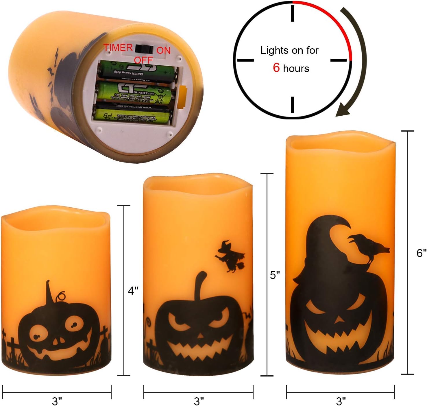 Pumpkin Halloween Flameless Candles Battery Operated with Timer, 3"D X 4"5"6"H, 3 Pack