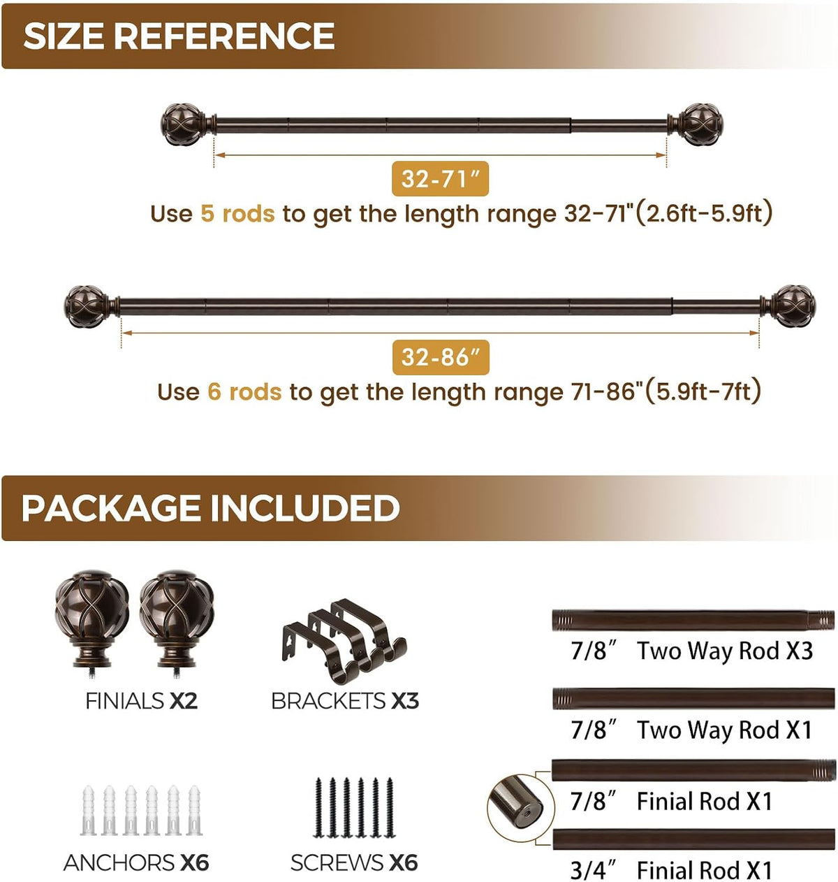 Curtain Rods for Windows 48 to 84 Inch, Heavy Duty, Antique Bronze