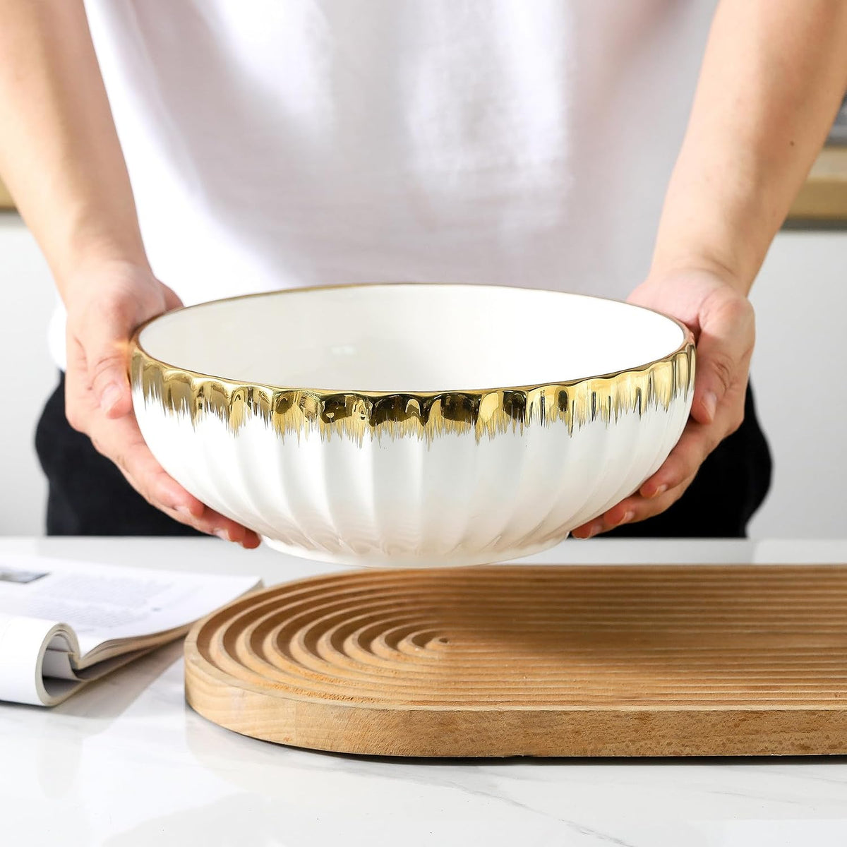 Serving Bowls, 10 Inch Ceramic Salad Bowl with Gold Trim, Set of 2