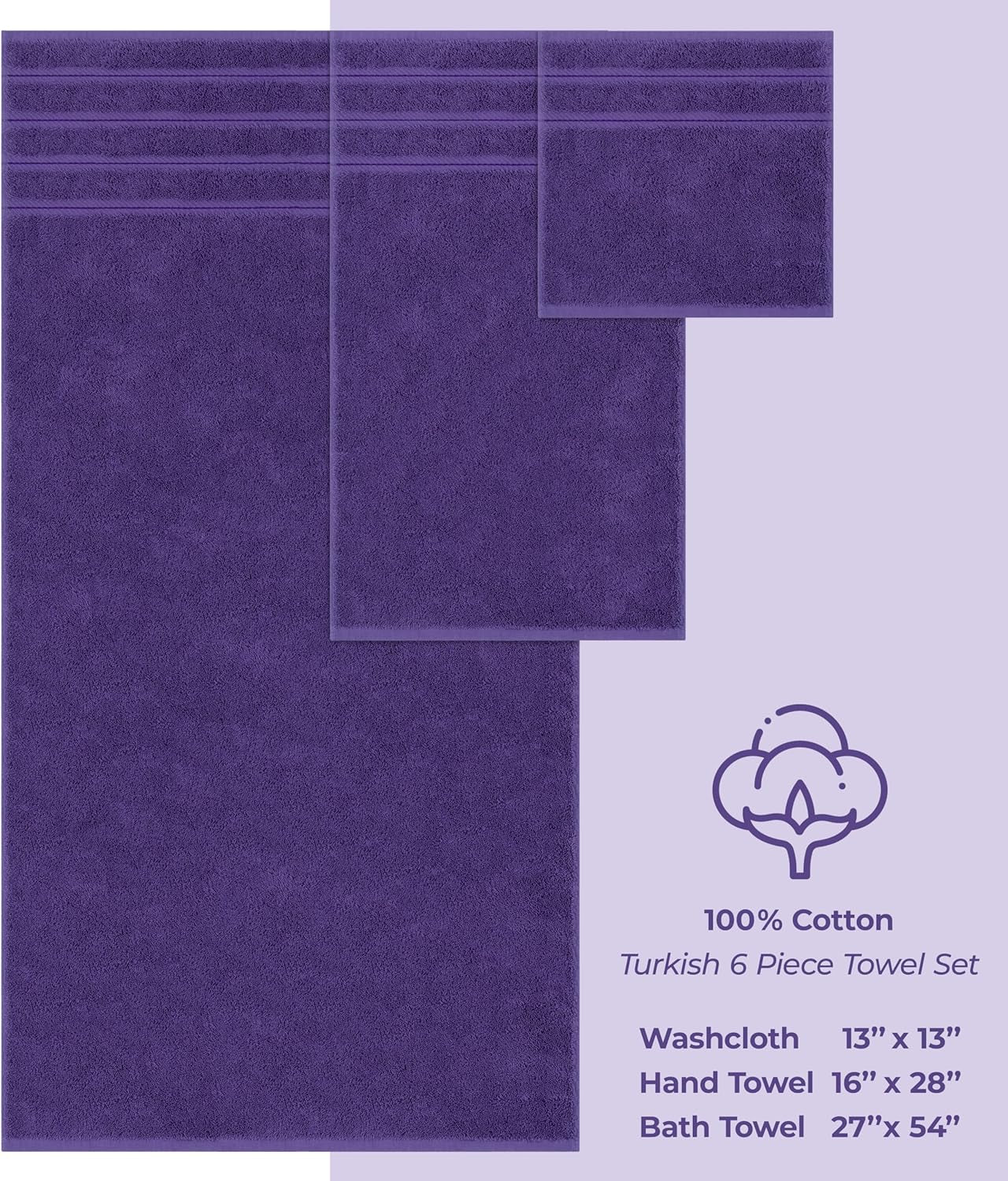 Luxury 6 Piece Towel Set, 100% Cotton Turkish Towels for Bathroom, Purple Towel Sets