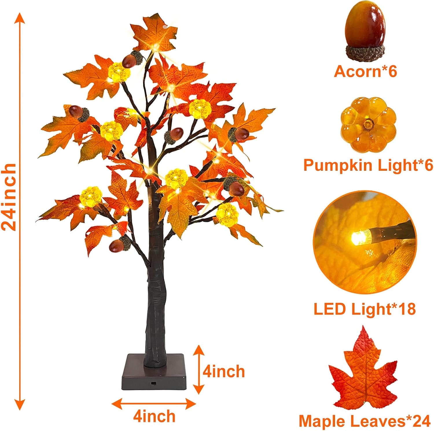2 Pack 24 Inch Prelit Fall Maple Tree 48Leds Timer Acorn Pumpkin Lights, Battery Operated\