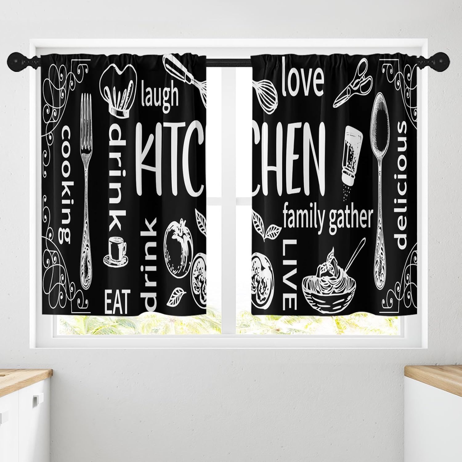 Black Kitchen Curtains Set of 2, Modern, Over Sink 34X36 Inch