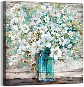 Country Style Canvas Wall Art Teal Blue Mason Bottle White Flower Rustic Wall Decor Art Hanging in the Bedroom Bathroom Living Room Dining Room Office Fireplace Kitchen Murals Decor, 12X12