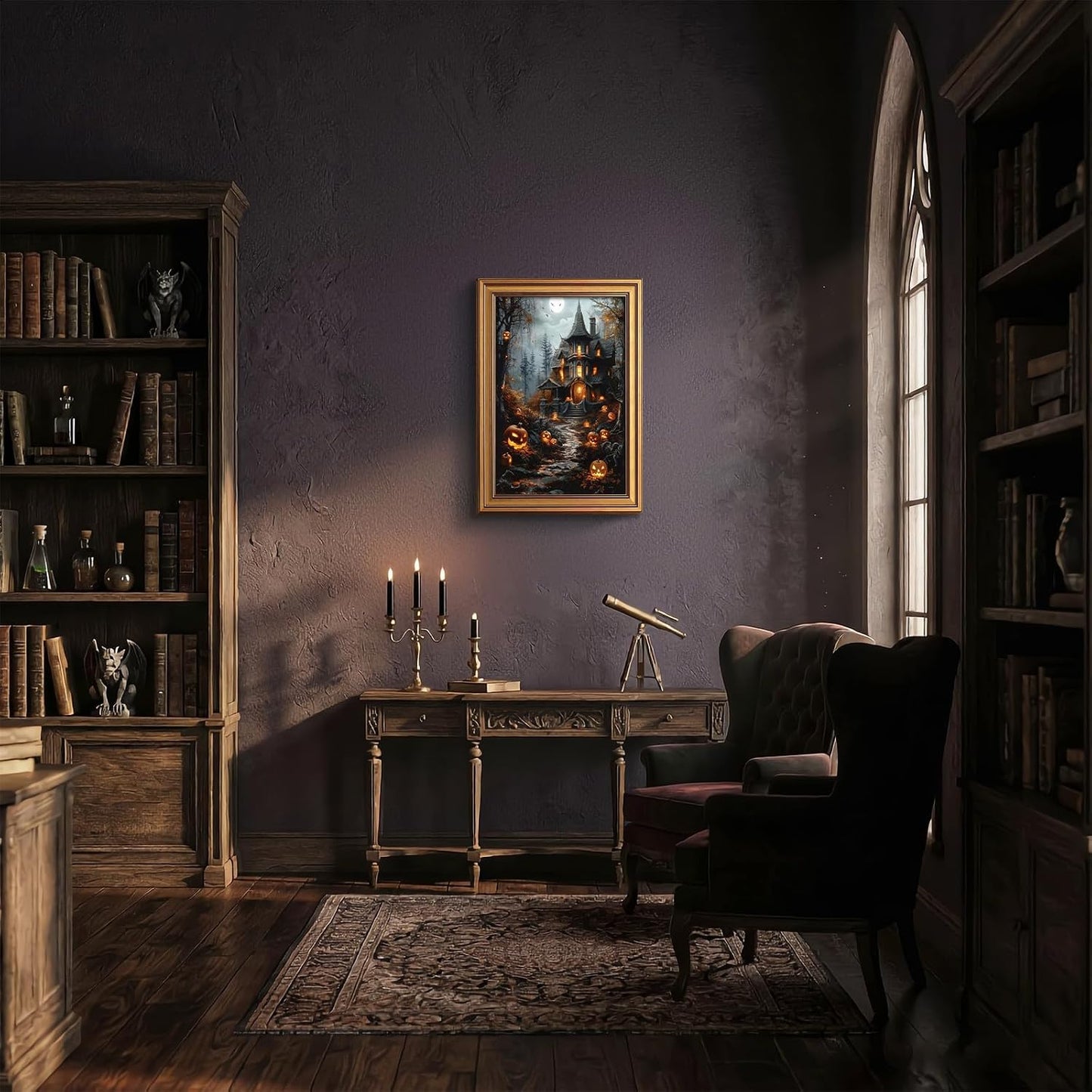 Gold Framed Gothic Halloween Wall Art Fantasy Haunted House Prints 12X16 in 