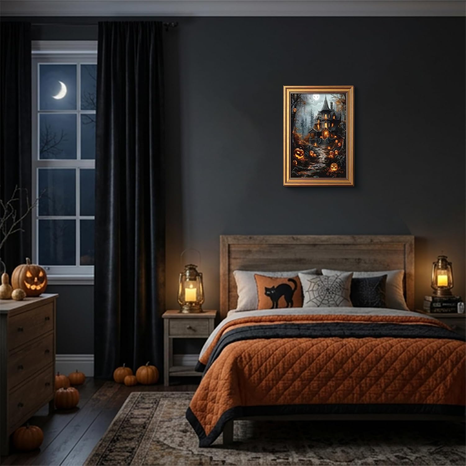 Gold Framed Gothic Halloween Wall Art Fantasy Haunted House Prints 12X16 in 