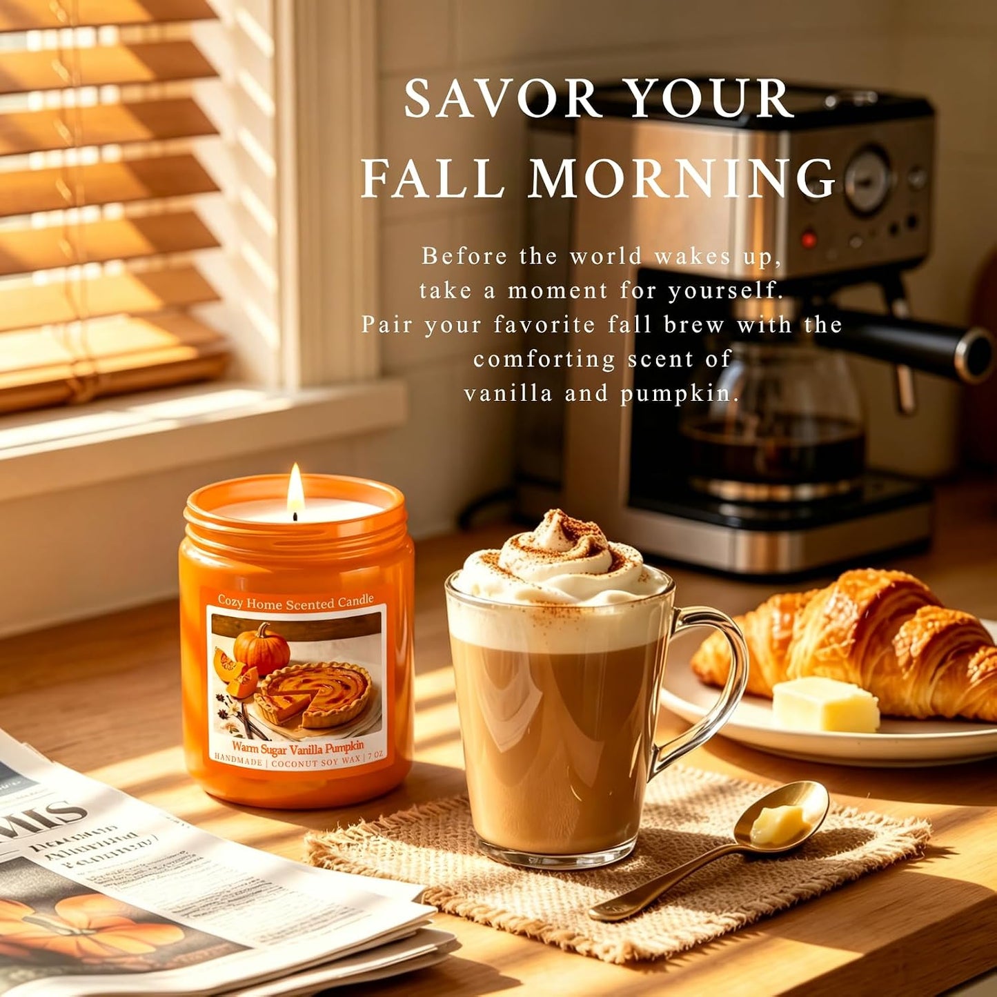 Warm Vanilla Pumpkin Scented Fall Candle, 7OZ Natural Coconut Soy Wax