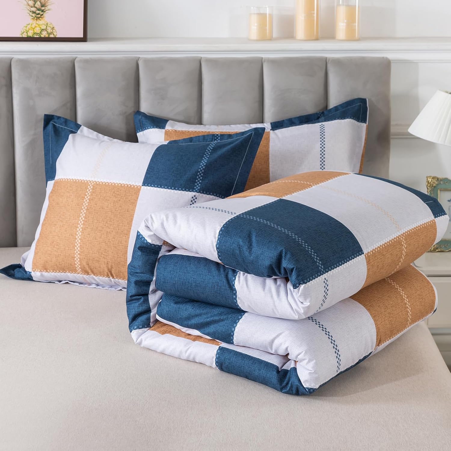Plaid Checkered Comforter Set Navy and Gray, Fluffy Geometric Grid Buffalo King Size, 3 Pieces Comforter Set with Two Matching Pillow Shams