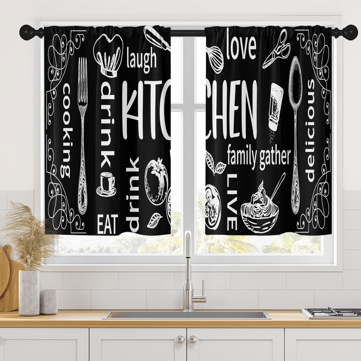 Black Kitchen Curtains Set of 2, Modern, Over Sink 34X36 Inch