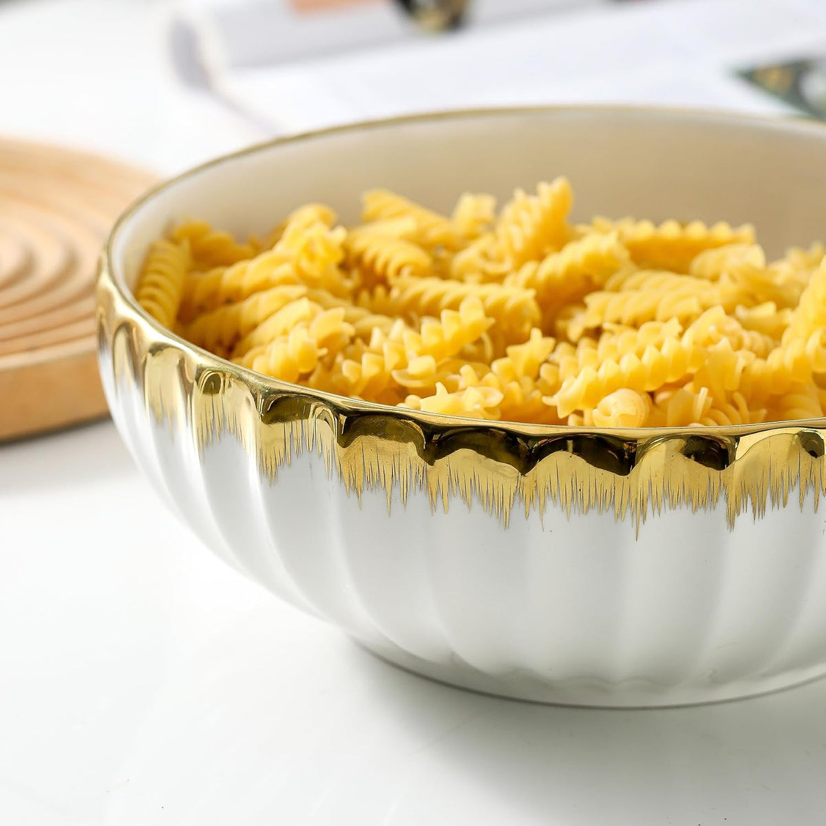 Serving Bowls, 10 Inch Ceramic Salad Bowl with Gold Trim, Set of 2