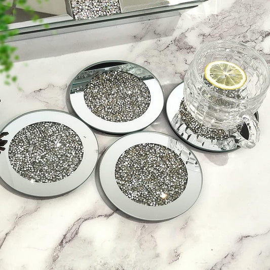 Crushed Diamond Glass Mirrored Coaster round 4", 4pc