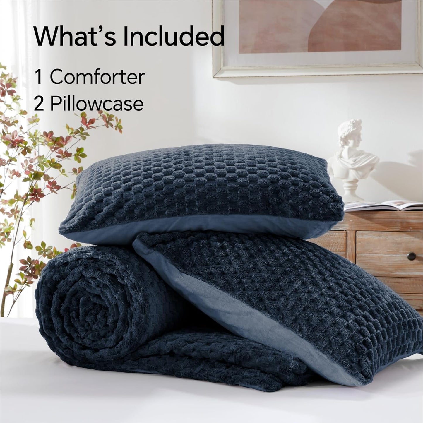 Fluffy Twin Comforter Set - Fleece Soft Comforter 2 Pieces, Navy Blue