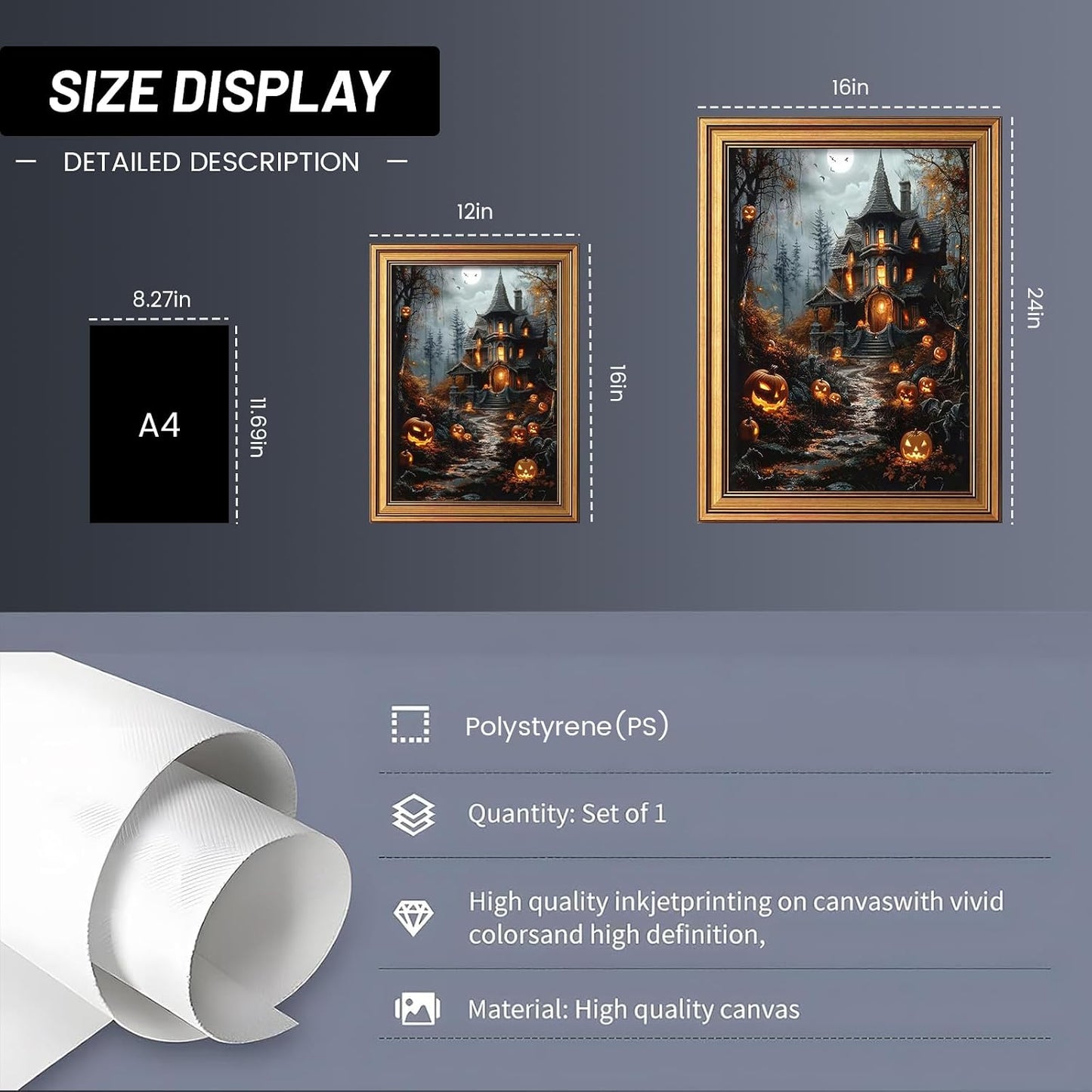 Gold Framed Gothic Halloween Wall Art Fantasy Haunted House Prints 12X16 in 
