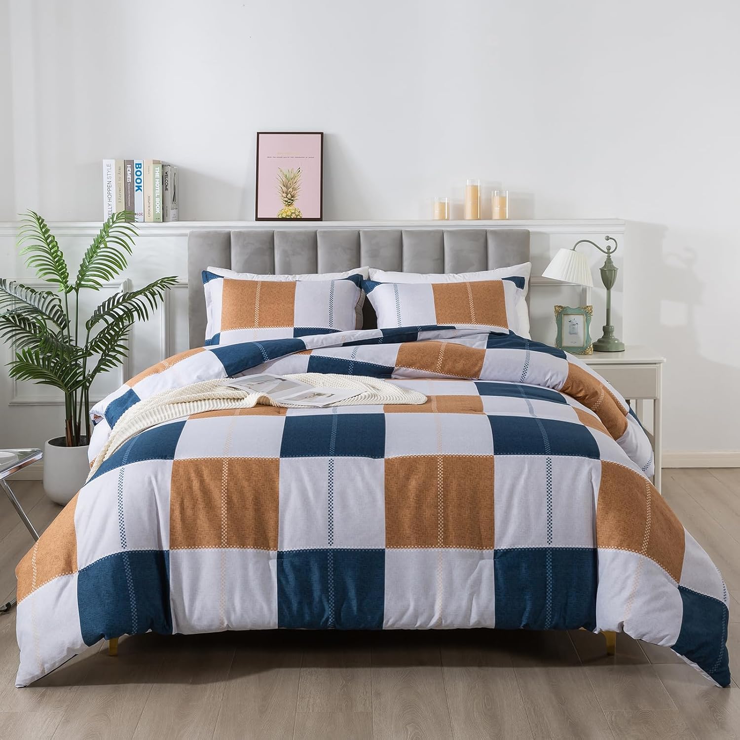 Plaid Checkered Comforter Set Navy and Gray, Fluffy Geometric Grid Buffalo King Size, 3 Pieces Comforter Set with Two Matching Pillow Shams