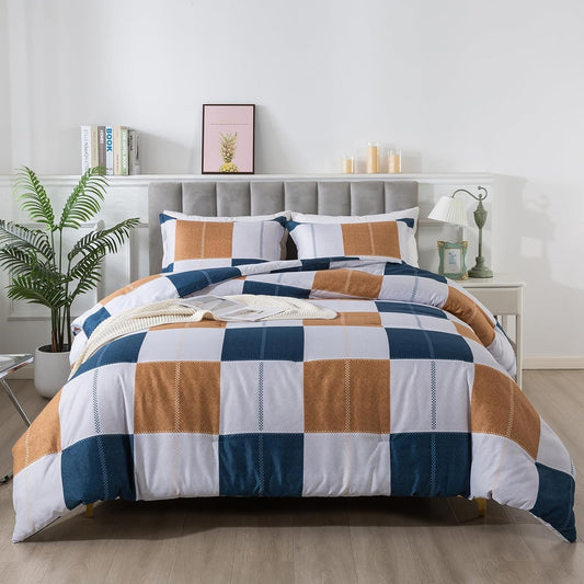 Plaid Checkered Comforter Set Navy and Gray, Fluffy Geometric Grid Buffalo King Size, 3 Pieces Comforter Set with Two Matching Pillow Shams