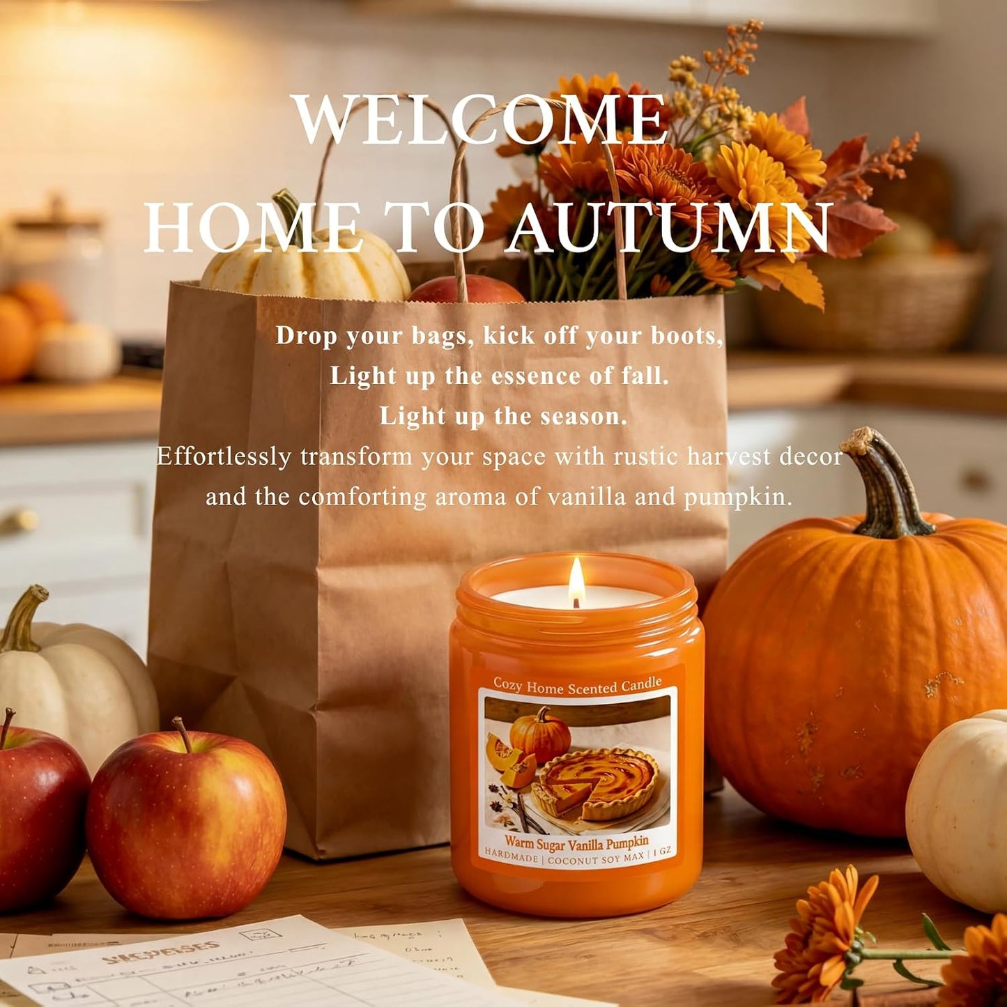 Warm Vanilla Pumpkin Scented Fall Candle, 7OZ Natural Coconut Soy Wax