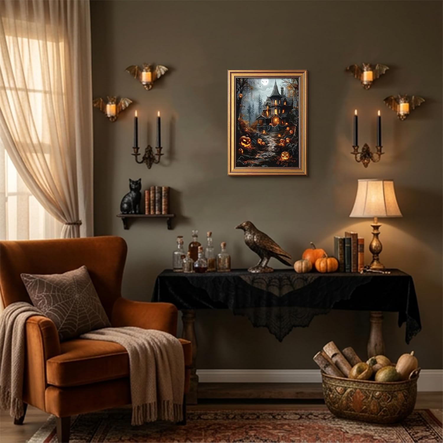 Gold Framed Gothic Halloween Wall Art Fantasy Haunted House Prints 12X16 in 