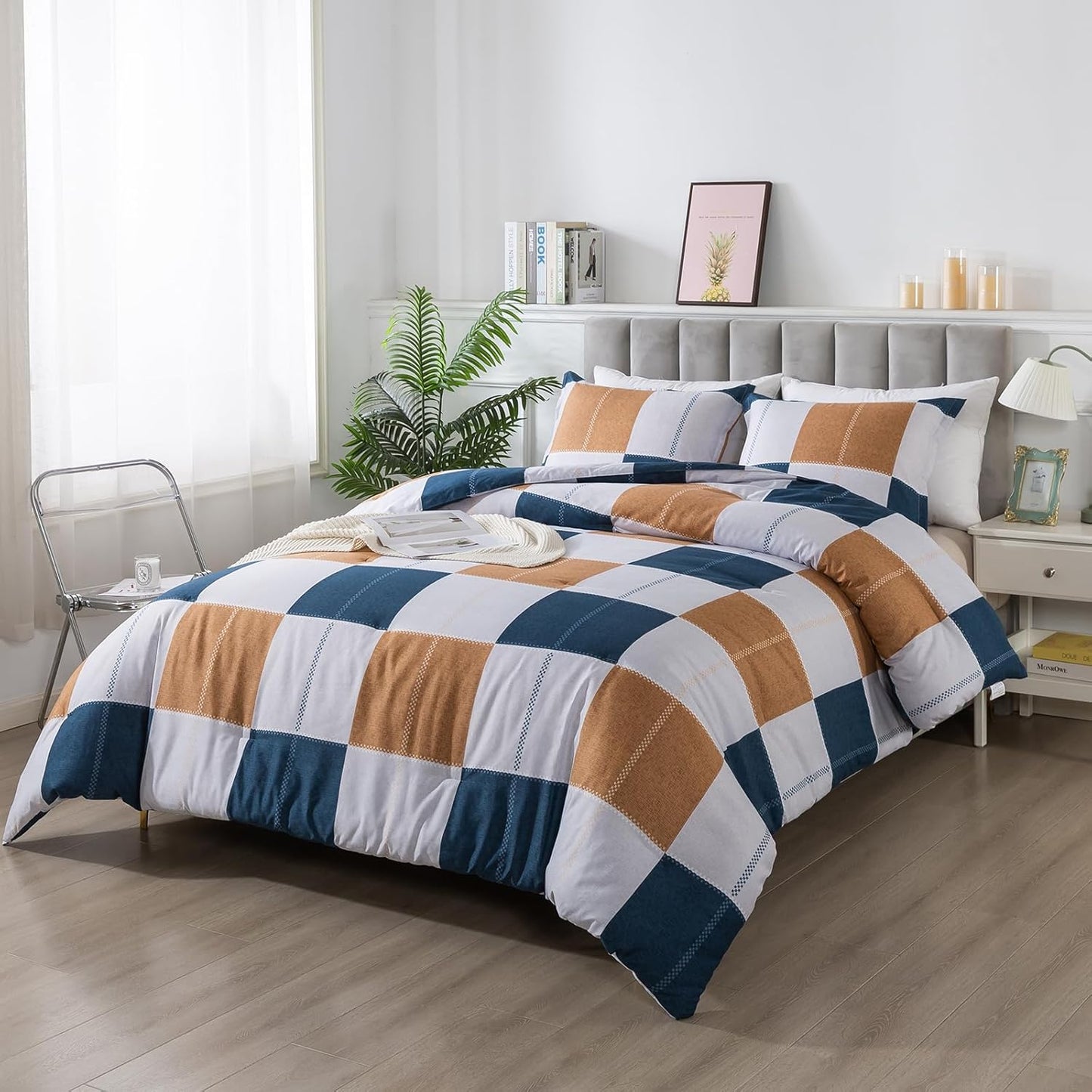 Plaid Checkered Comforter Set Navy and Gray, Fluffy Geometric Grid Buffalo King Size, 3 Pieces Comforter Set with Two Matching Pillow Shams