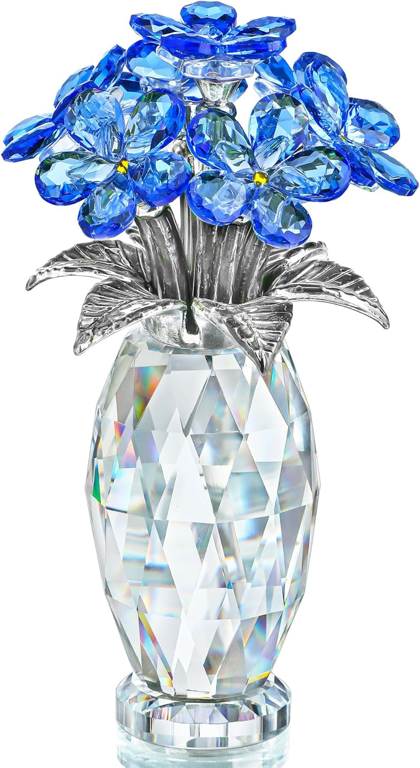 Blue Crystal Forget Me Not Flower Figurine, Crystal Glass Flower Ornament for Home Decor Table Centerpiece