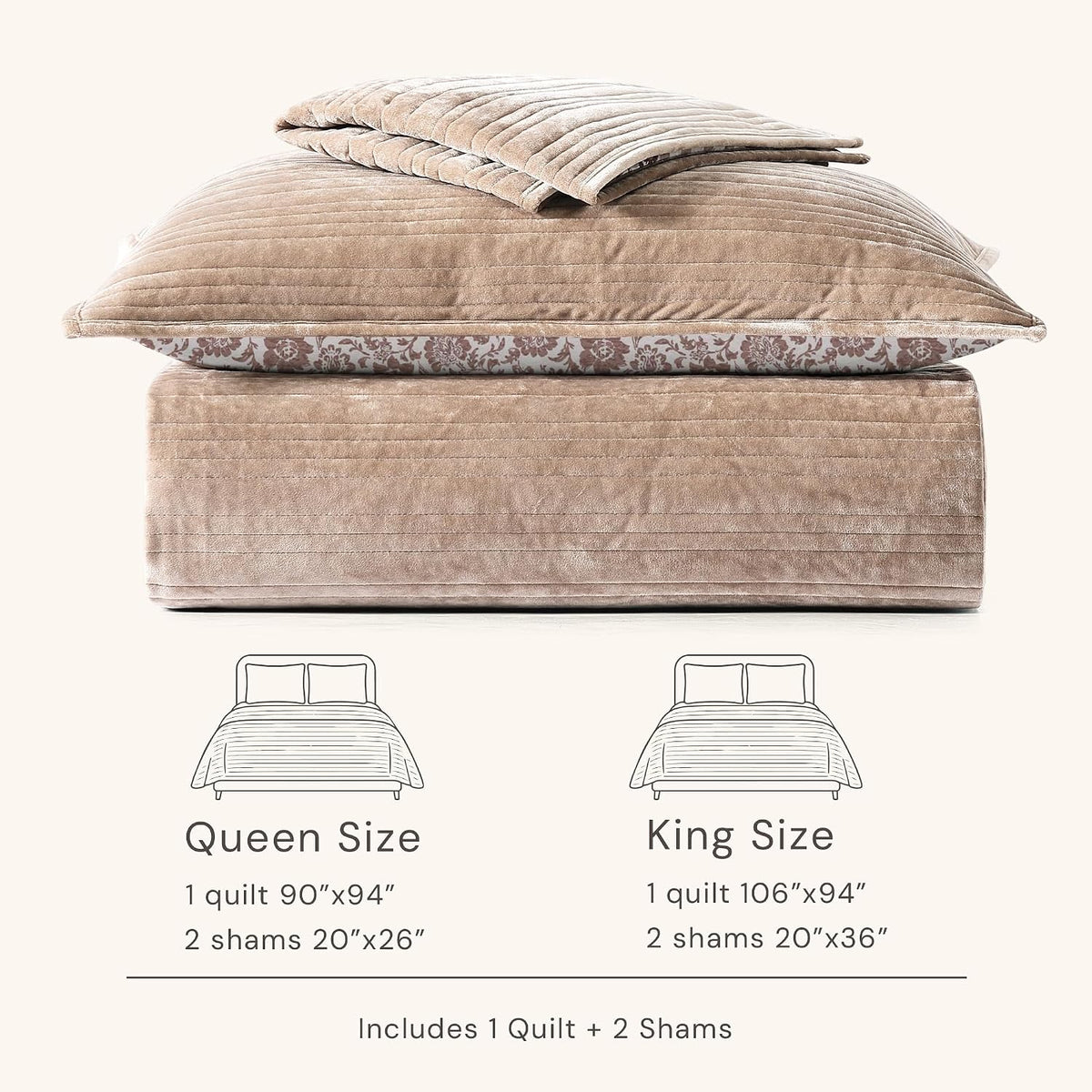 Taupe Velvet Quilt King Size - Reversible King Quilt Bedding Set