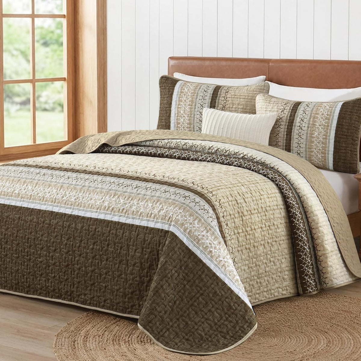Brown California King Quilt Set,Striped Texture Bedspread 3 Pcs