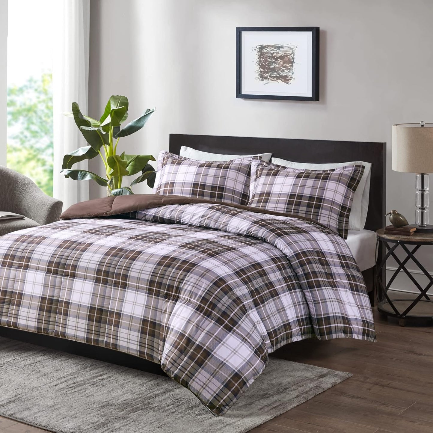 Essentials Parkston Plaid Comforter Set, Full/Queen, Brown, 3 Piece