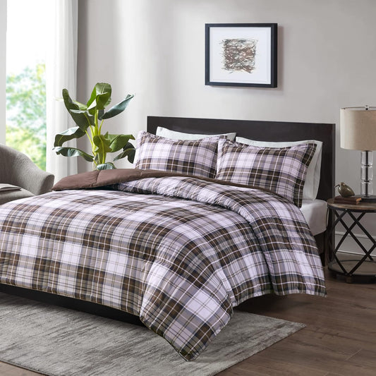 Essentials Parkston Plaid Comforter Set, Full/Queen, Brown, 3 Piece