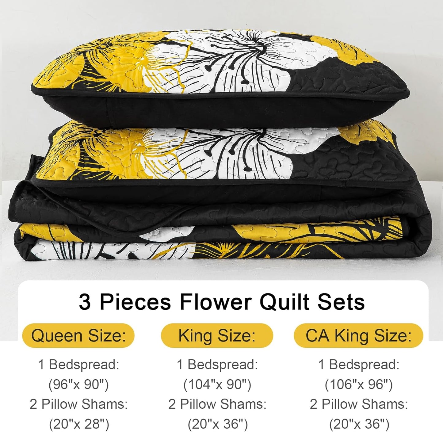 3 Pieces Quilt Set California King Gold Floral Pattern Black Quilt Coverlet Set 106"X 96"