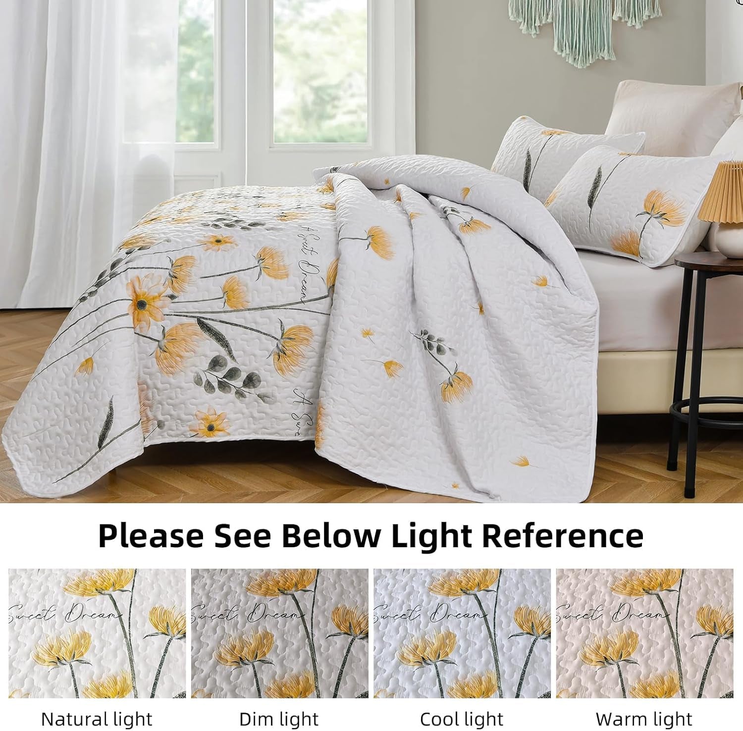 Floral Quilt Set California King Size, Yellow Flower Bedspread Farmhouse Fall Bedding Soft Lightweight Summer Quilts 3 Piece (Cal King,110"X96")
