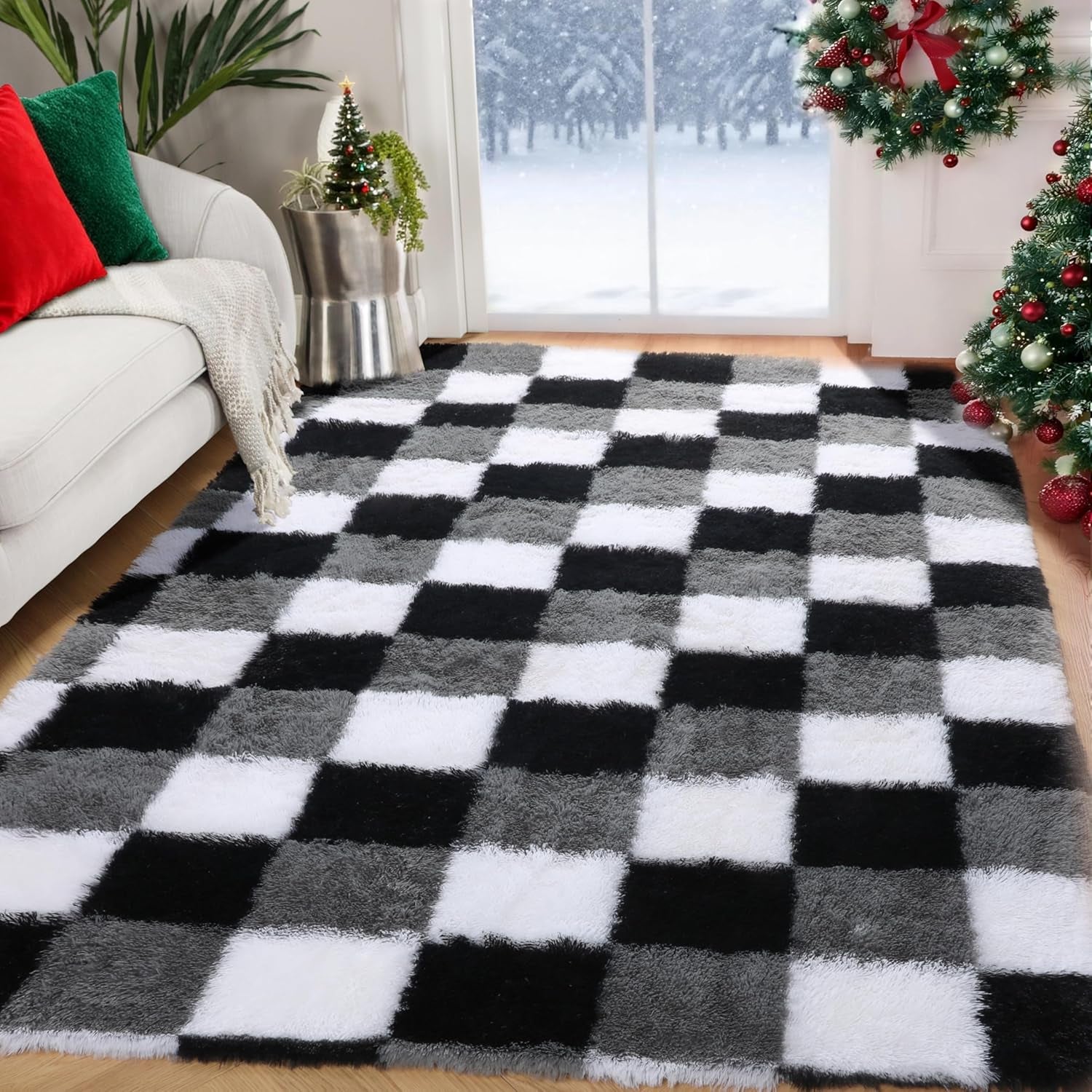 Area Rugs for Bedroom, 4X6 Fluffy Soft Black White Grey Checkered Rug Fuzzy Shag Shaggy Floor Carpet