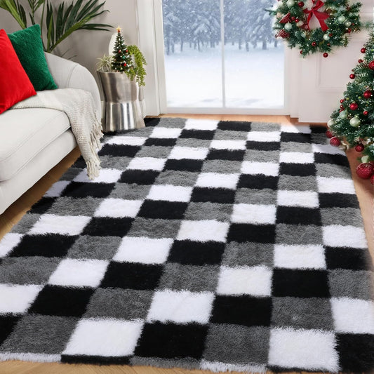 Area Rugs for Bedroom, 4X6 Fluffy Soft Black White Grey Checkered Rug Fuzzy Shag Shaggy Floor Carpet
