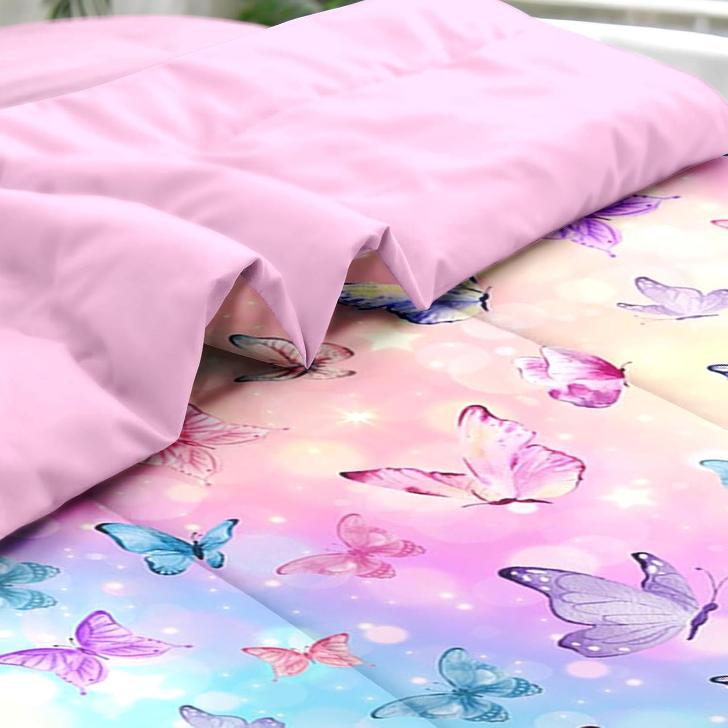 Comforter Set Twin Size, Pink Blue Butterfly 5 Pcs Bedding for Girls, Purple Colorful Rainbow Bed Sheet Sets with Fitted Sheet Pillowcase & Sham 
